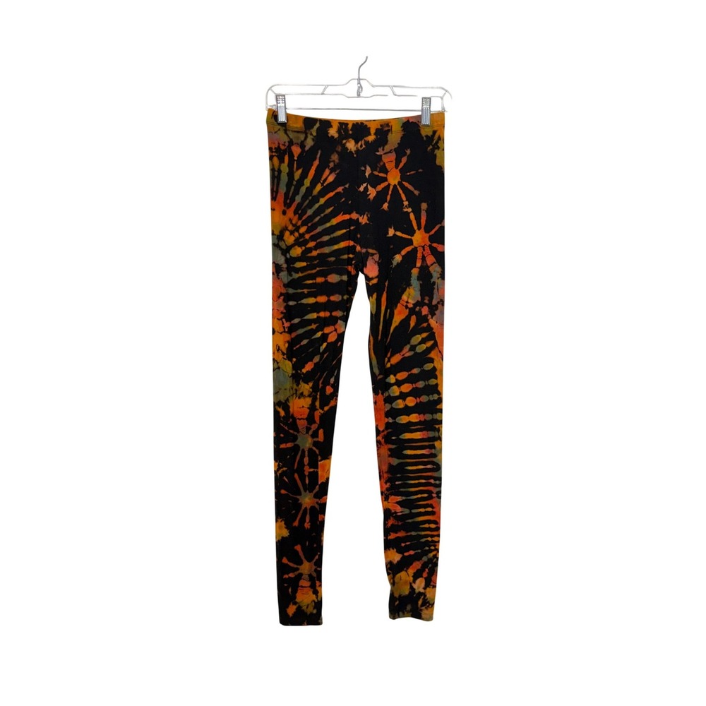 Witchy Tie Dye Leggings Women's M Black Orange Sunburst Spiral Viscose Stretch